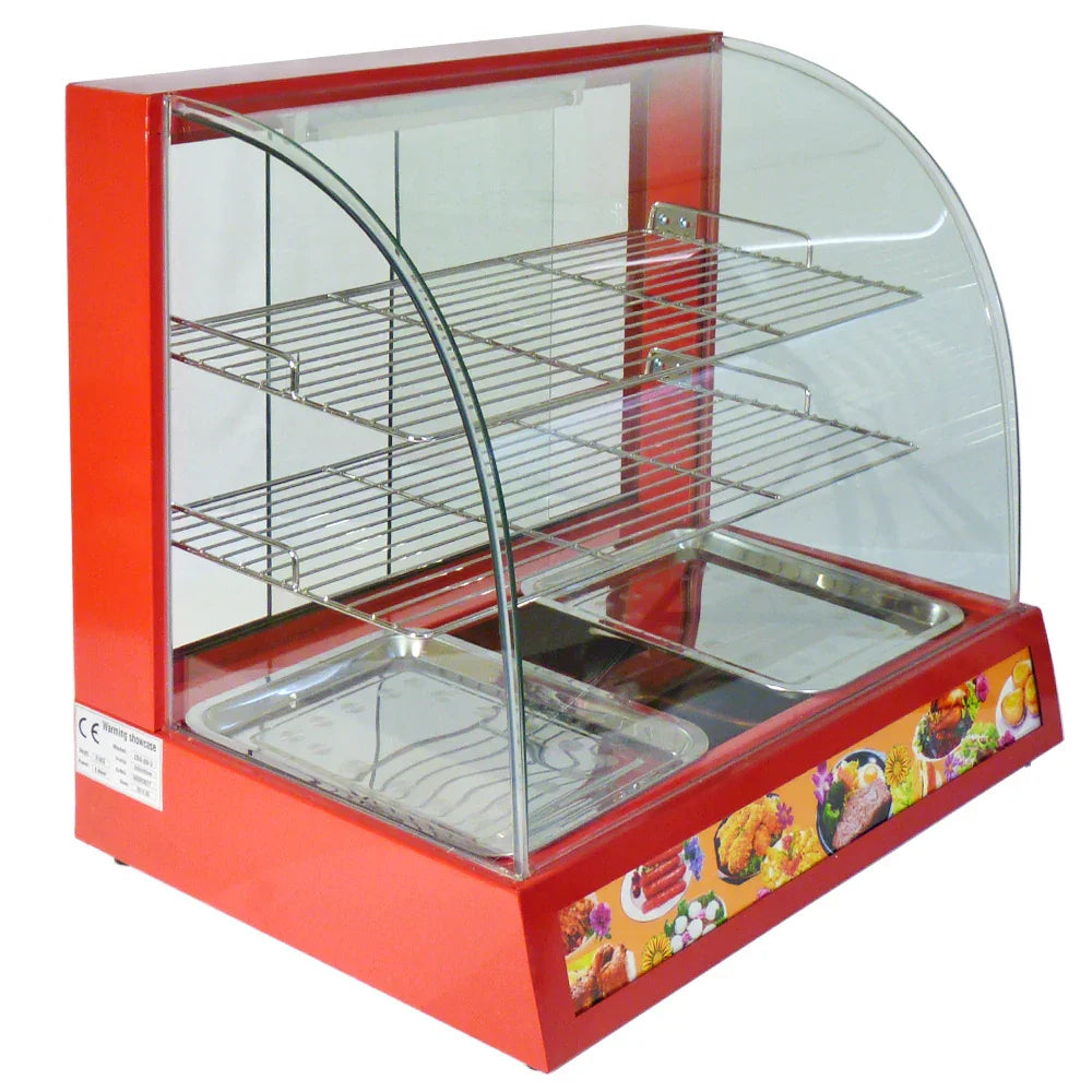 KuKoo 60cm wide glass food warmer with a vibrant red exterior, curved glass front, and three wire shelves for displaying food items