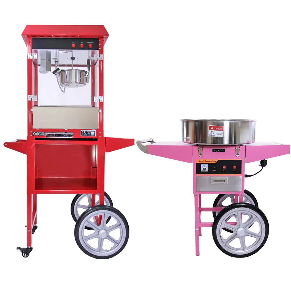KuKoo 8oz popcorn machine in bright red with a matching pink candy floss machine, both on wheeled carts for easy mobility