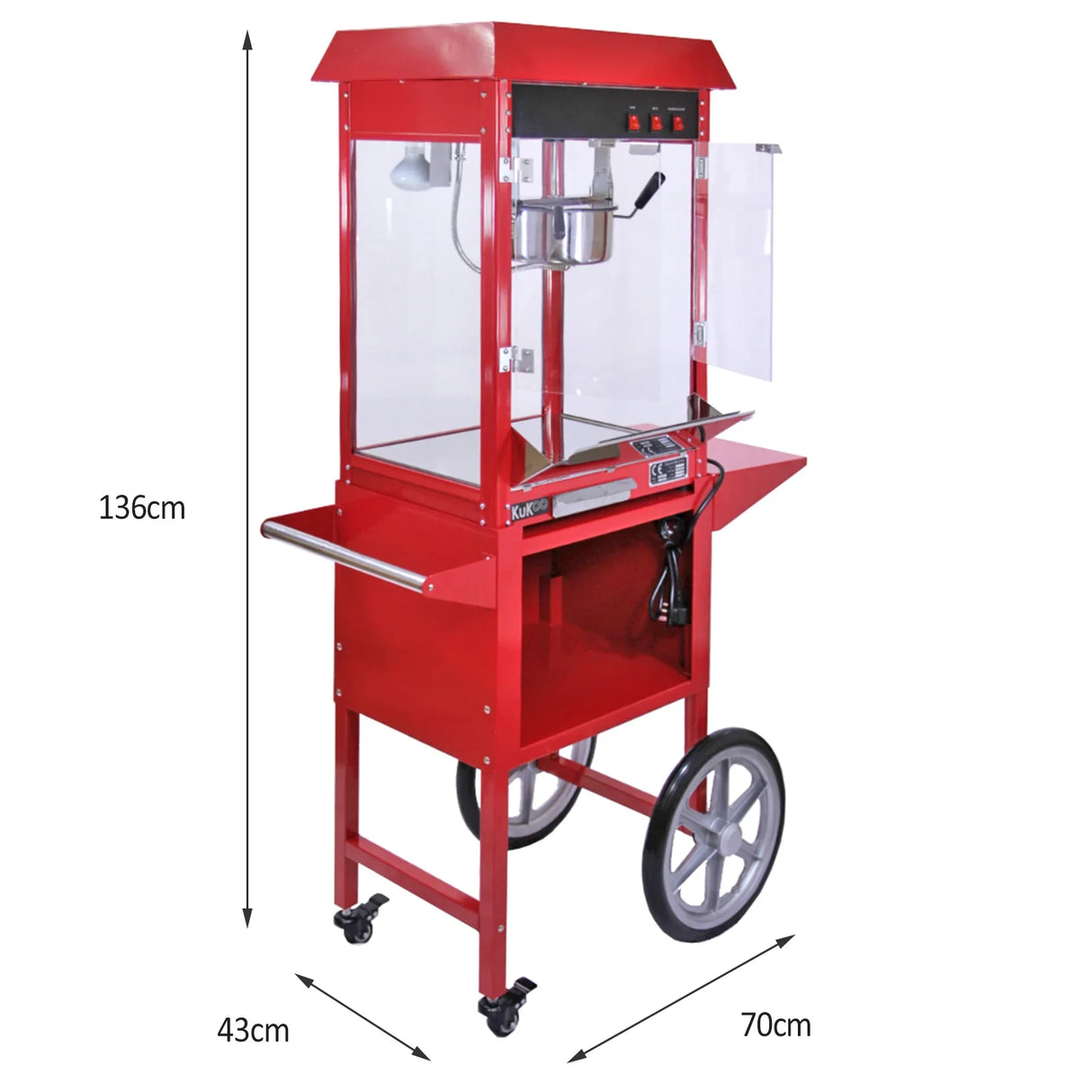 Red KuKoo commercial popcorn maker machine with cart, featuring a glass display, stainless steel kettle, and easy-rolling wheels