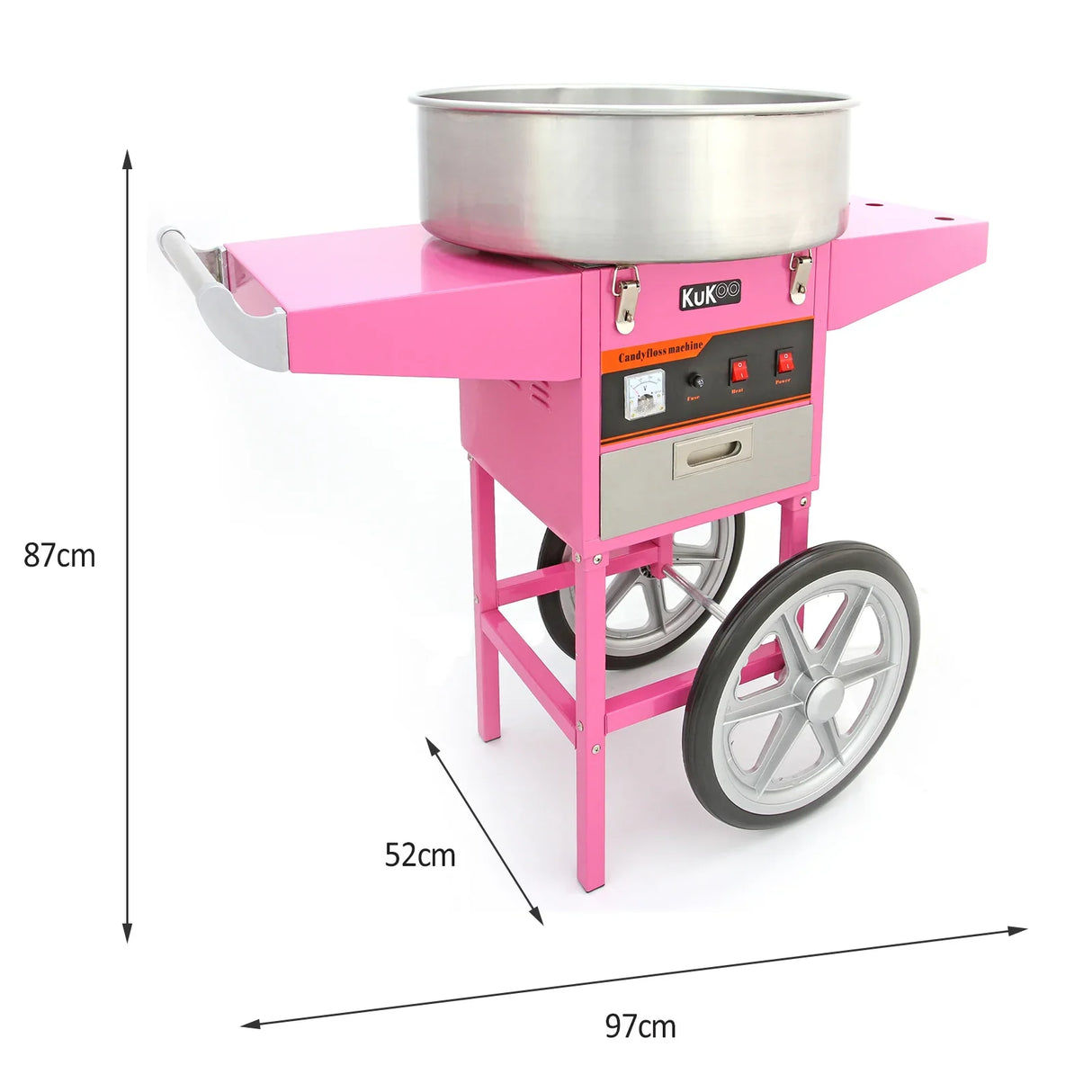 Bright pink KuKoo candy floss machine on a wheeled cart, featuring a stainless steel bowl and control panel for easy operation