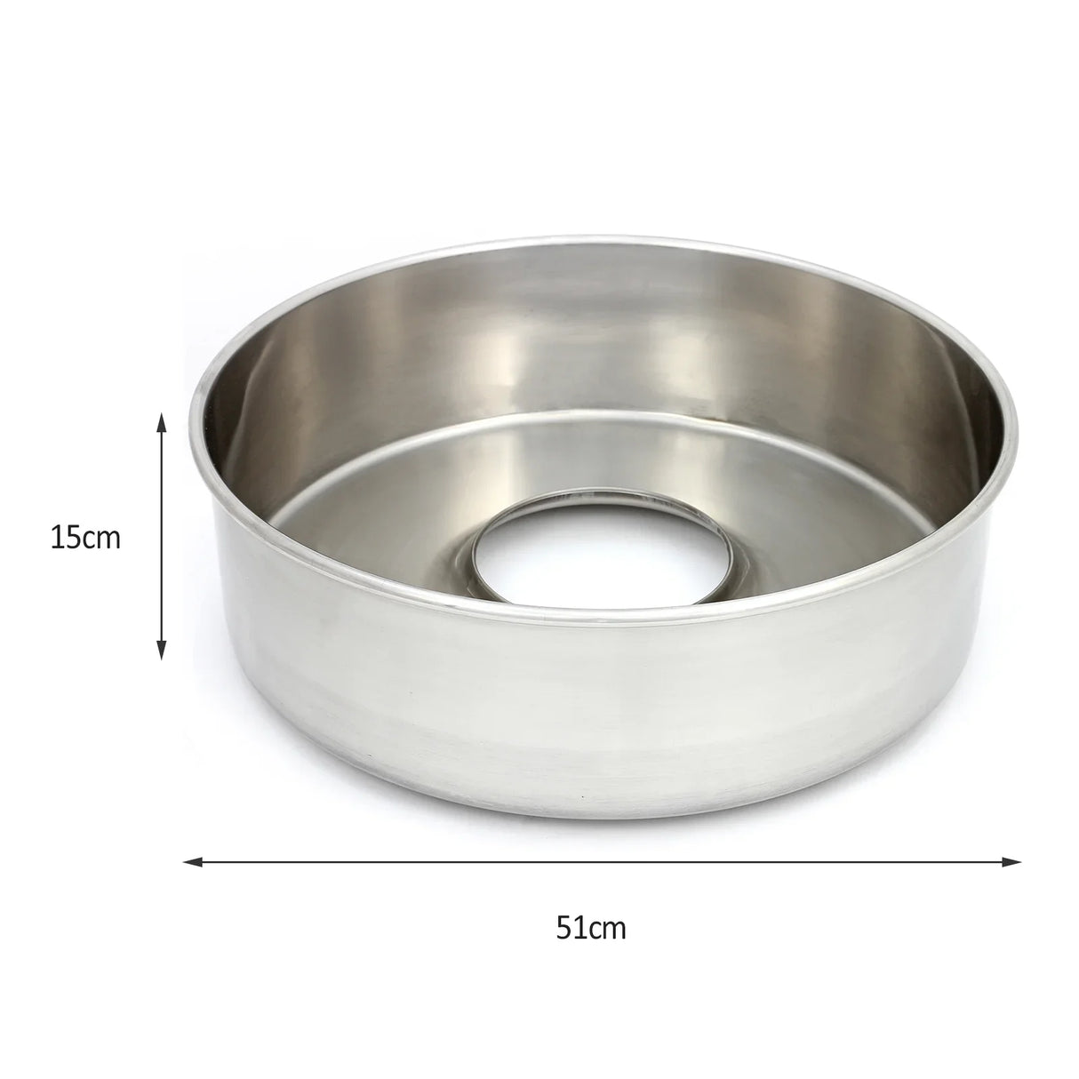 Stainless steel bowl for KuKoo popcorn and candy floss machine, 51cm diameter, 15cm deep, shiny finish with a central opening