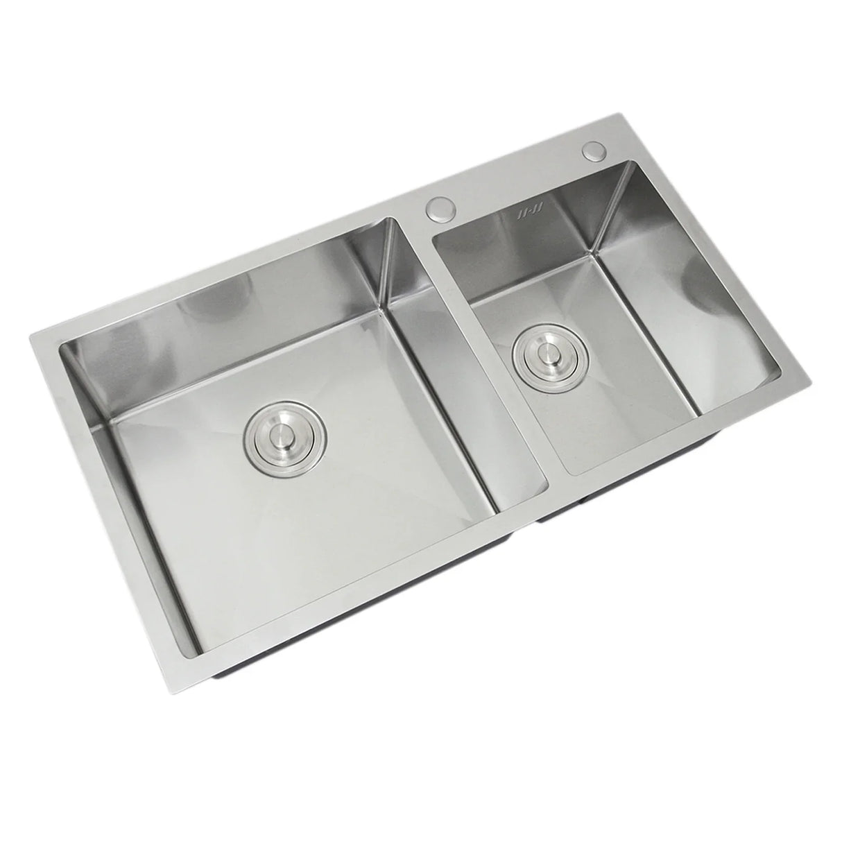 KuKoo double stainless steel sink with two spacious basins, sleek brushed finish, and circular drain covers for modern kitchens