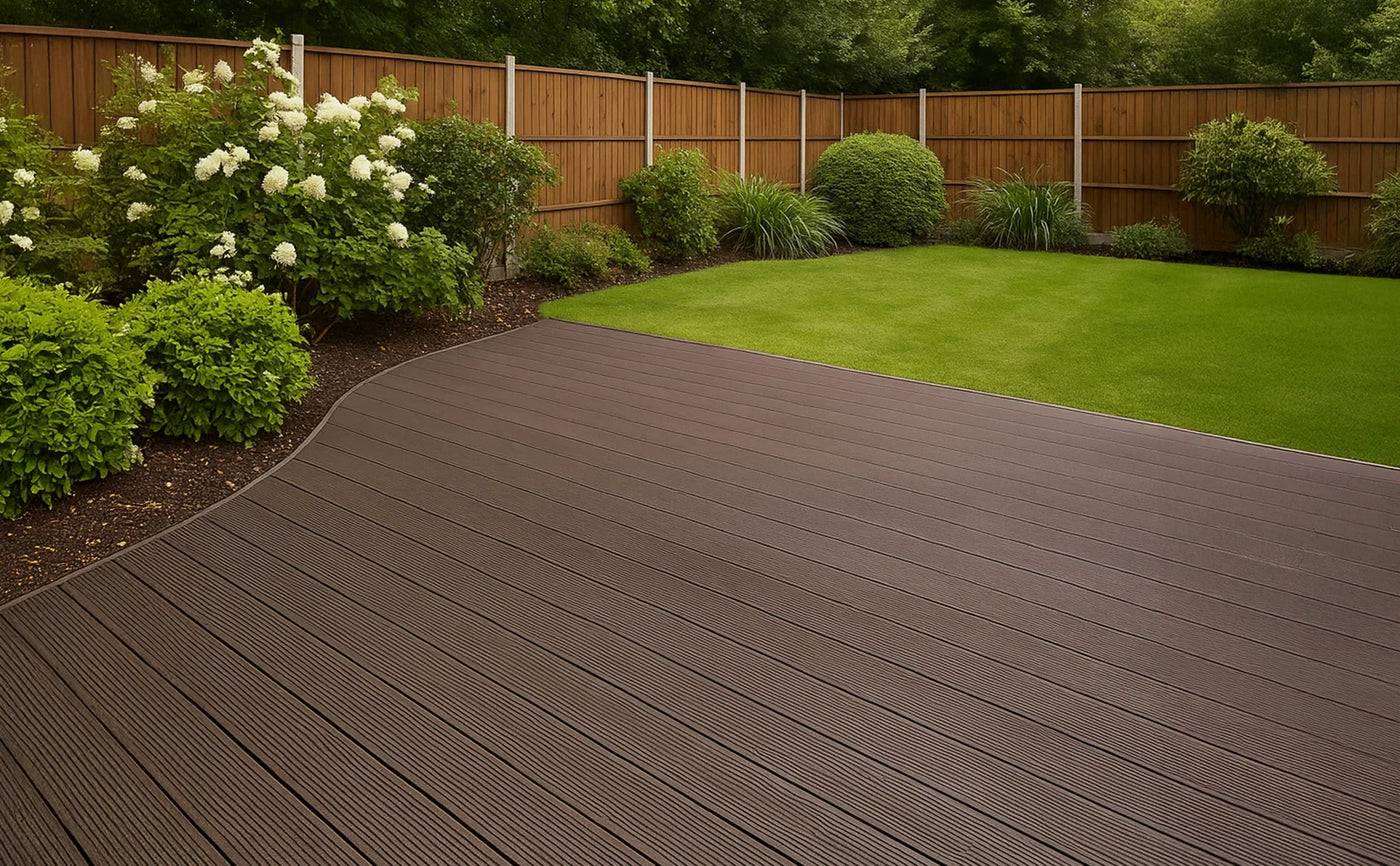 Lush green lawn bordered by vibrant shrubs and flowers, with a rich brown composite deck creating a warm outdoor space