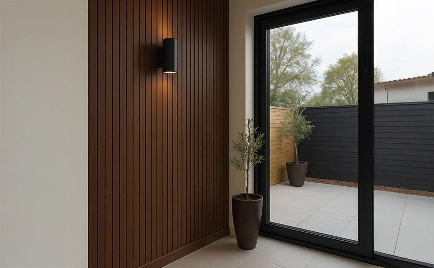 Modern interior featuring a textured brown wall, sleek black wall sconce, and a large glass door opening to a minimalist outdoor space with potted plants