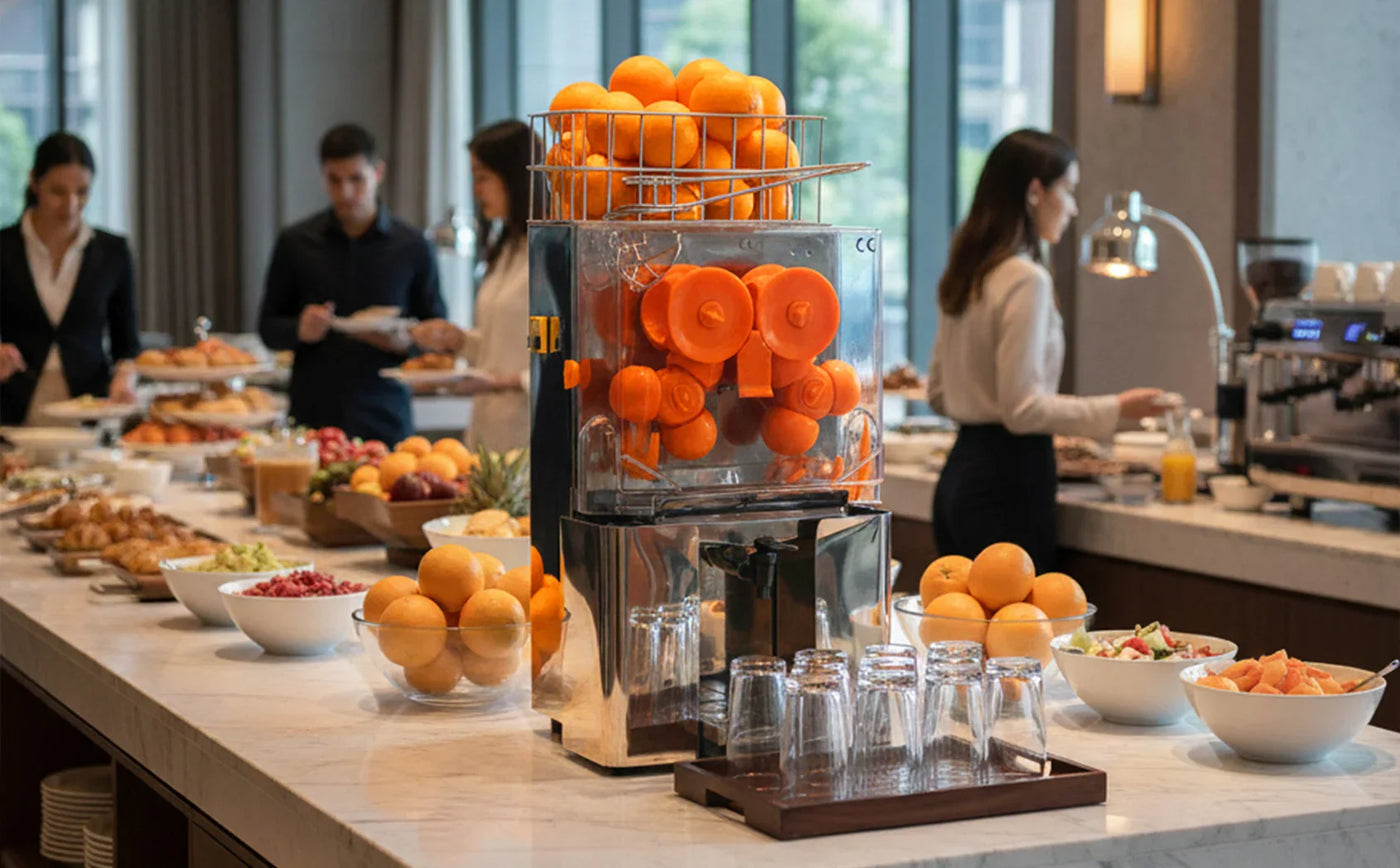 A sleek orange juice dispenser filled with fresh oranges, surrounded by a buffet of colorful salads and pastries in a modern dining setting