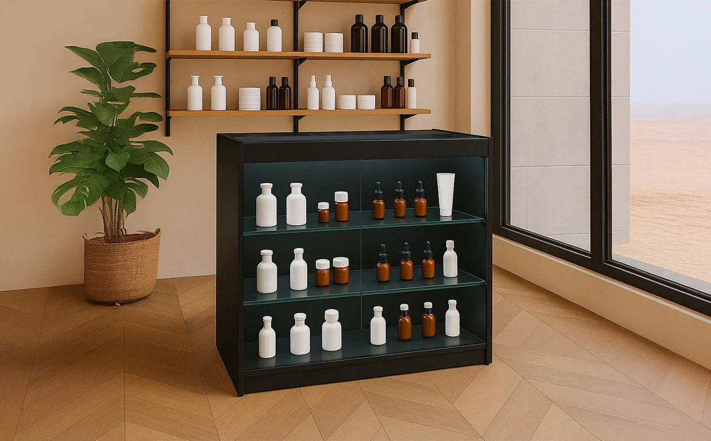 Modern black display shelf with glass shelves, featuring various white and amber bottles, set against a warm-toned room with a plant