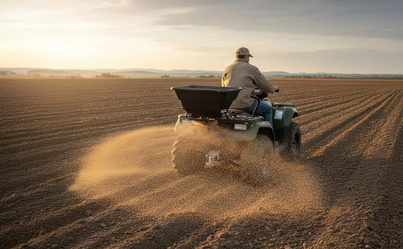A person riding an ATV on a plowed field, with dust and soil particles flying behind, under a golden sunset sky
