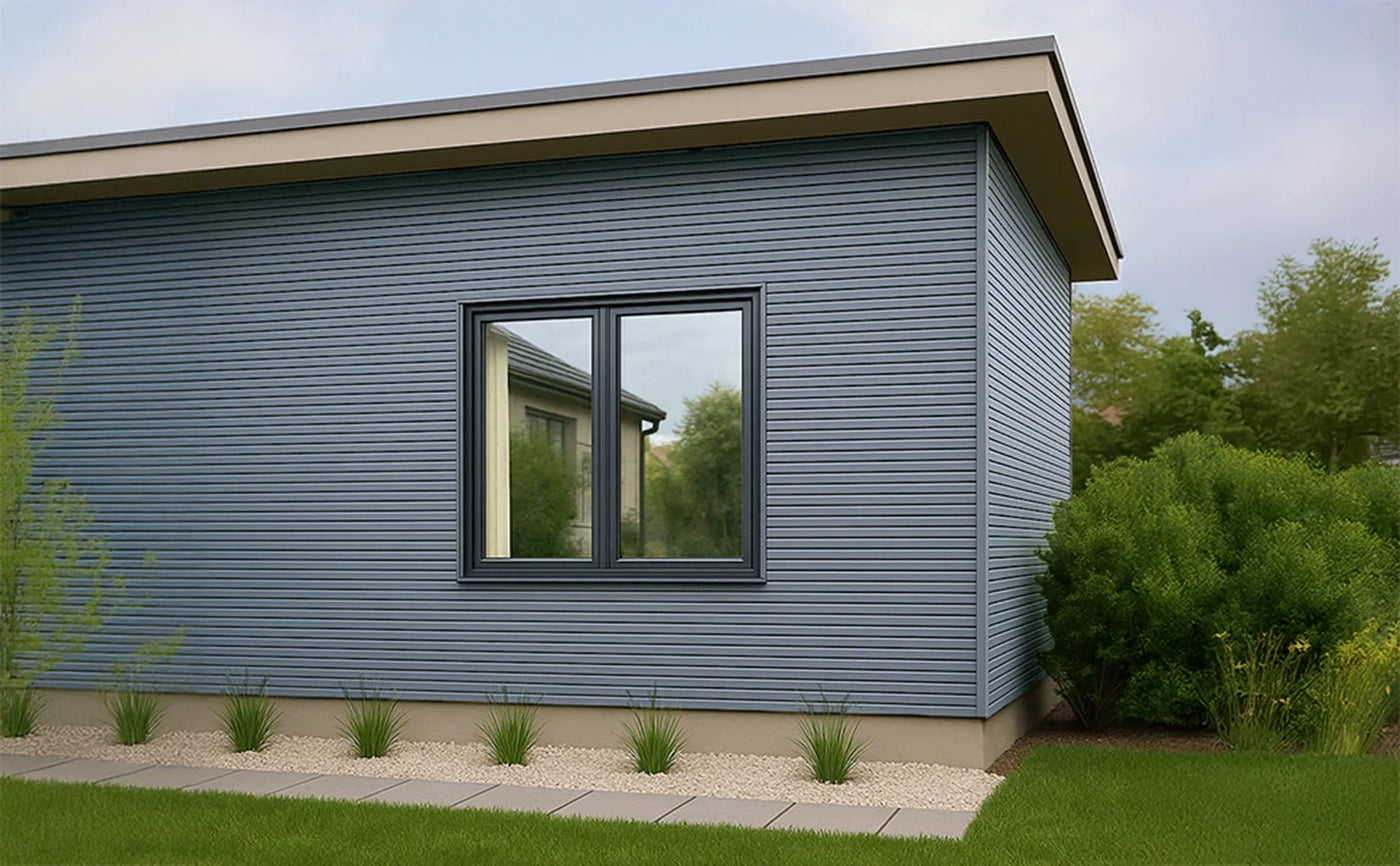 Modern blue exterior wall of a house featuring a large window, surrounded by green grass and neatly arranged plants and gravel
