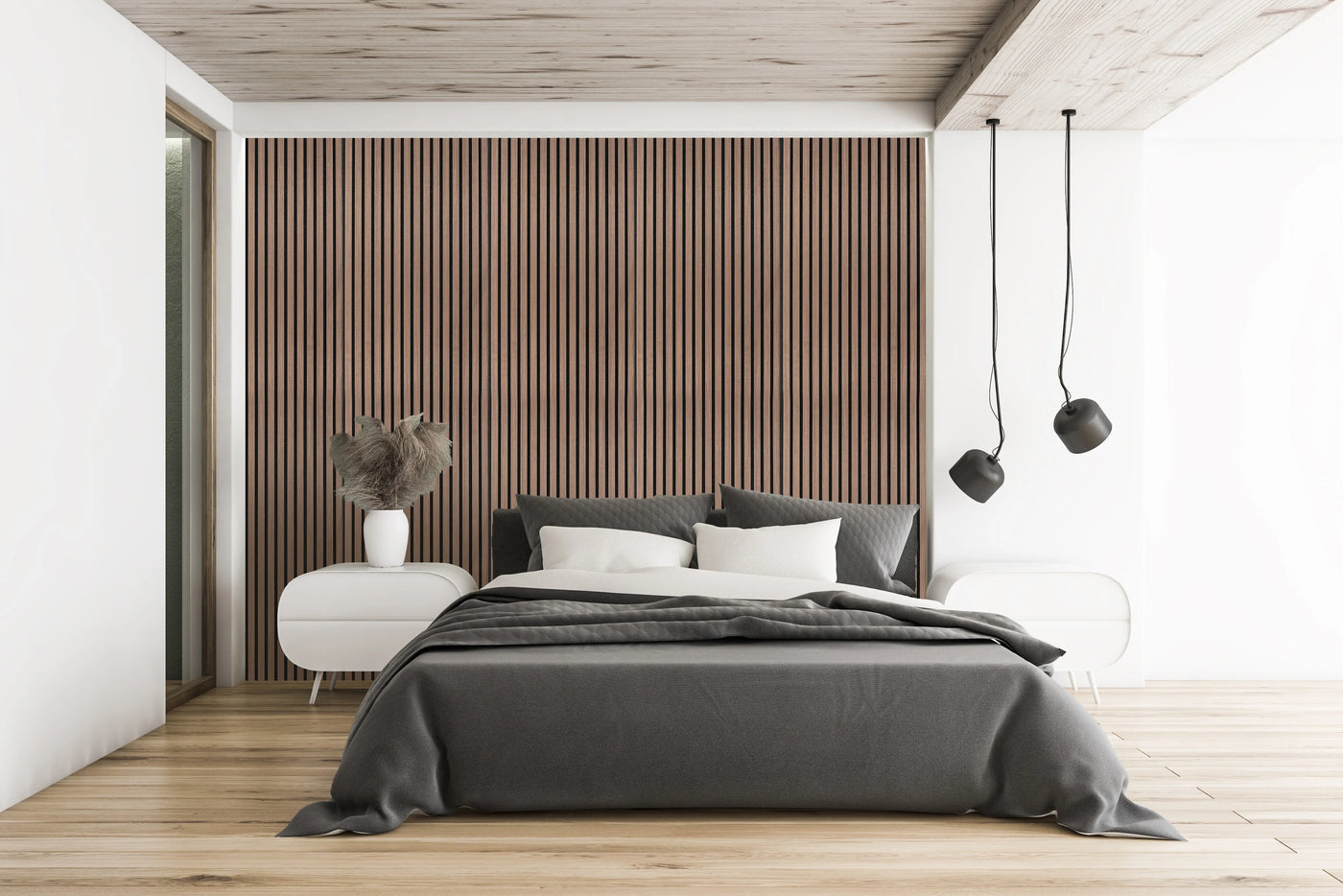 Modern bedroom featuring a textured wooden accent wall, sleek white nightstands, a cozy gray bedspread, and stylish pendant lights