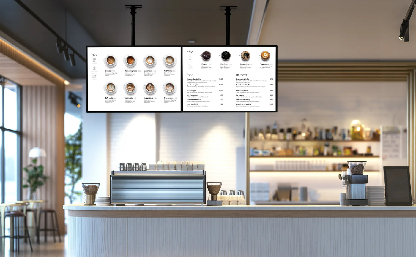 Modern café interior featuring a sleek digital menu board displaying hot and cold beverages, food, and desserts in a minimalist design