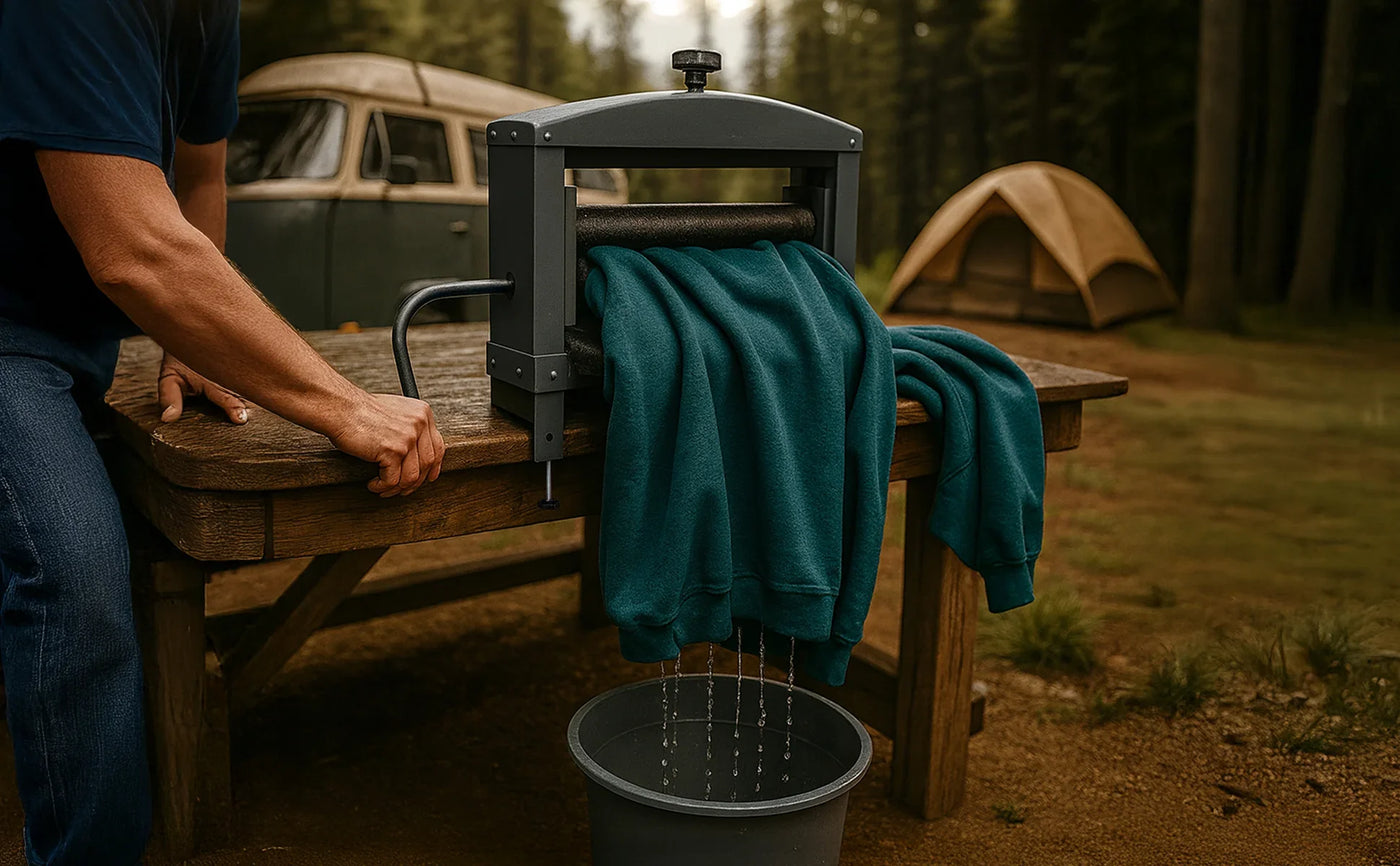 A person using a dark green sweatshirt press, with water dripping into a bucket, set in a forest campsite with tents in the background
