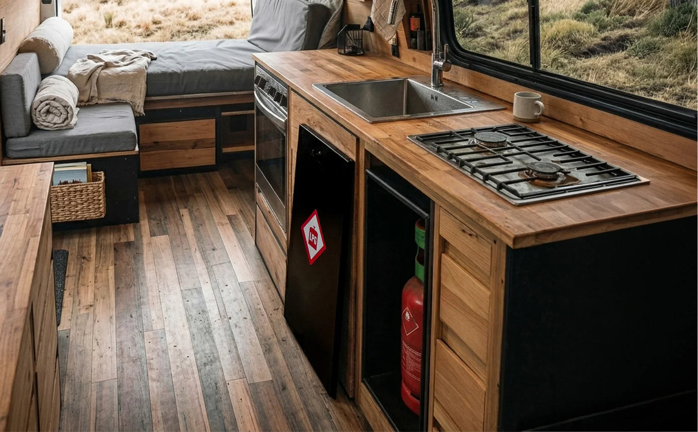 Modern camper van interior featuring wooden countertops, a stainless steel sink, gas stove, and cozy seating area with natural light