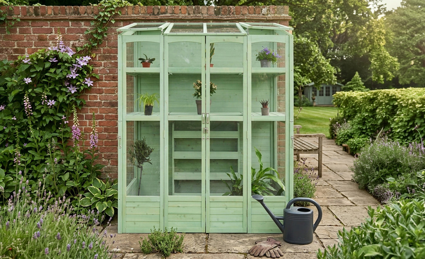 A mint green greenhouse with glass panels, surrounded by lush plants, flowers, and a watering can on a stone pathway