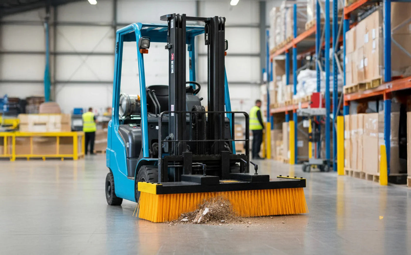 Electric forklift with a large yellow broom attachment, sweeping debris on a polished warehouse floor, surrounded by stacked boxes