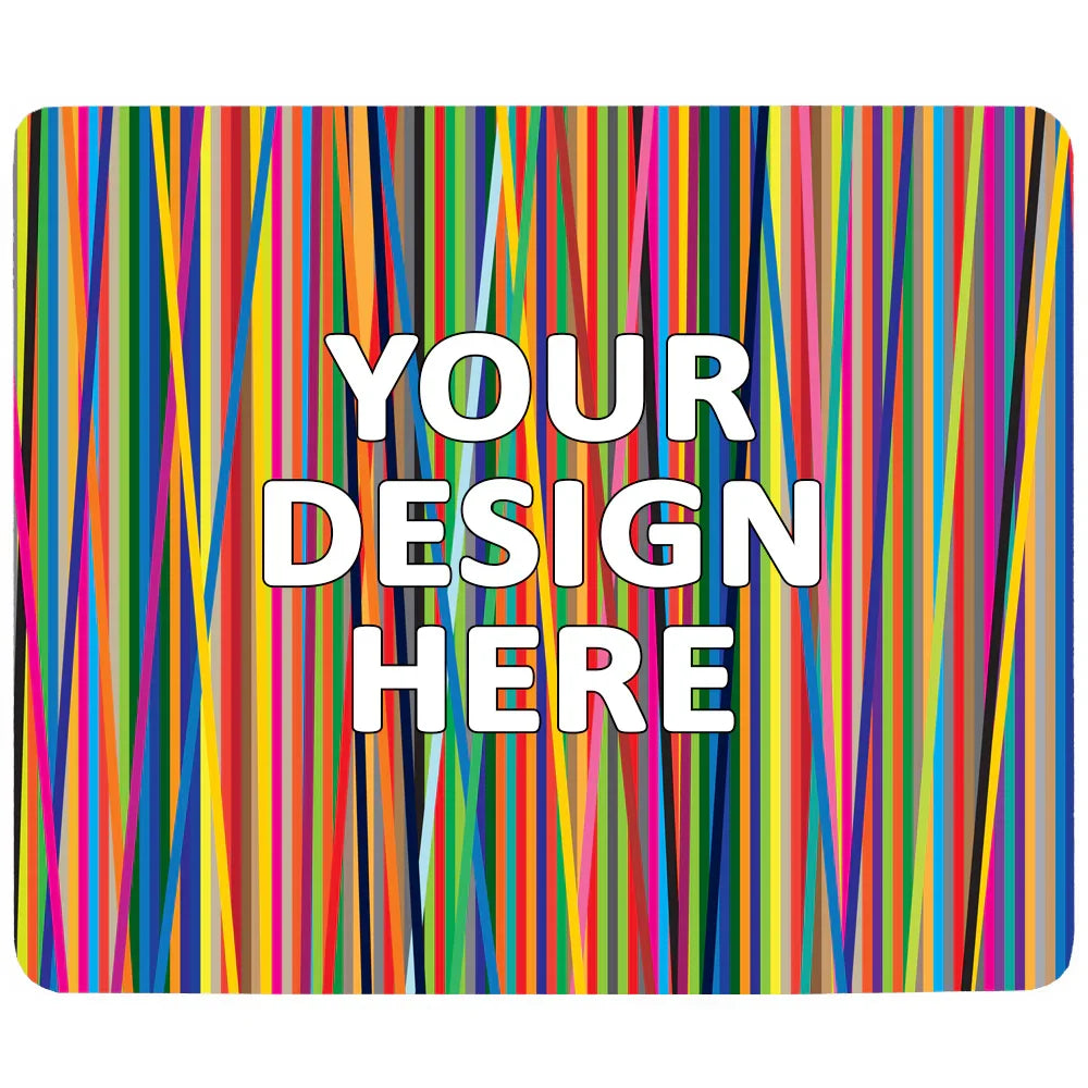 Mouse mat with vibrant vertical stripes in multiple colors and bold white text reading "Your Design Here".