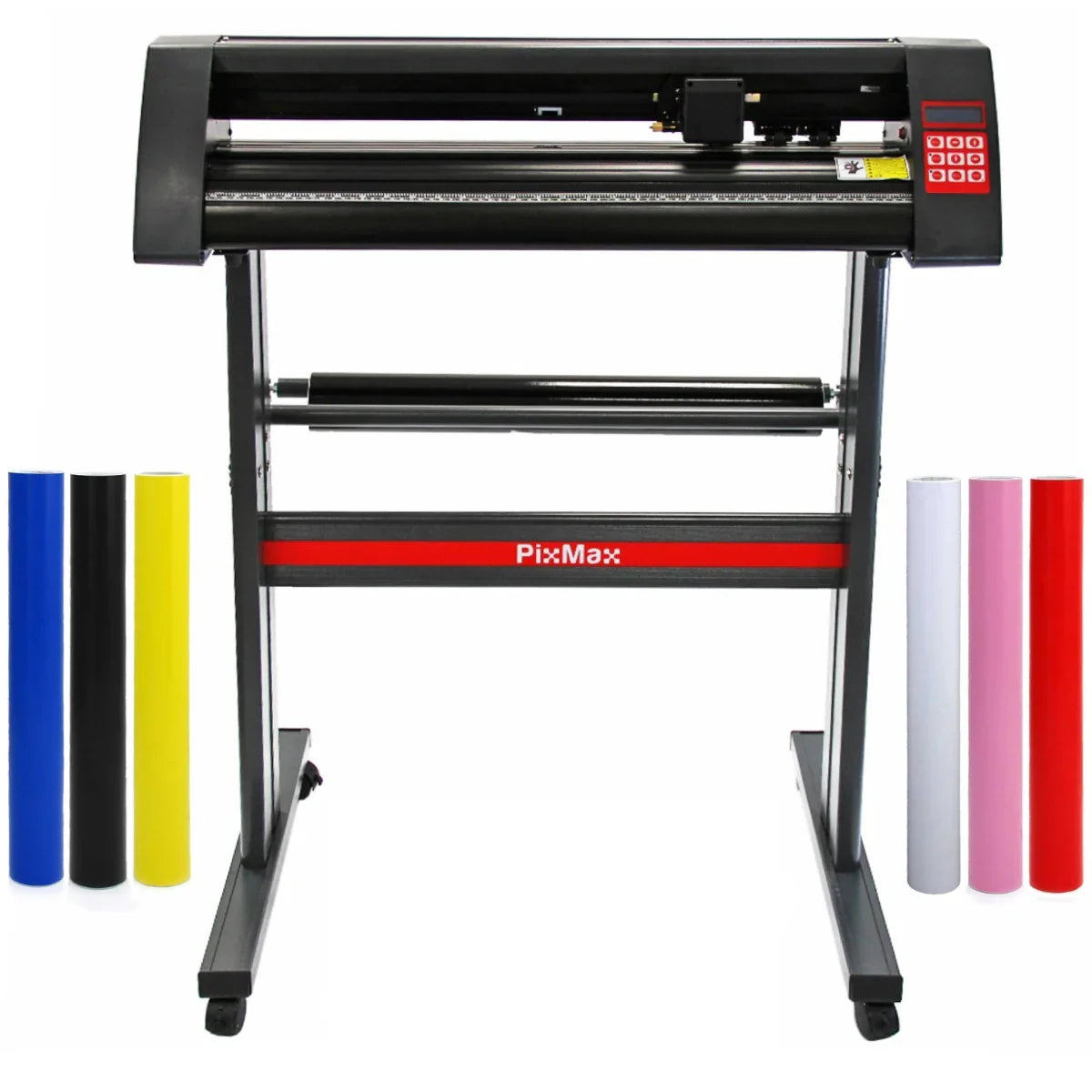 720mm vinyl cutter with sturdy black stand, featuring control panel, and surrounded by colorful vinyl rolls in blue, yellow, red, white