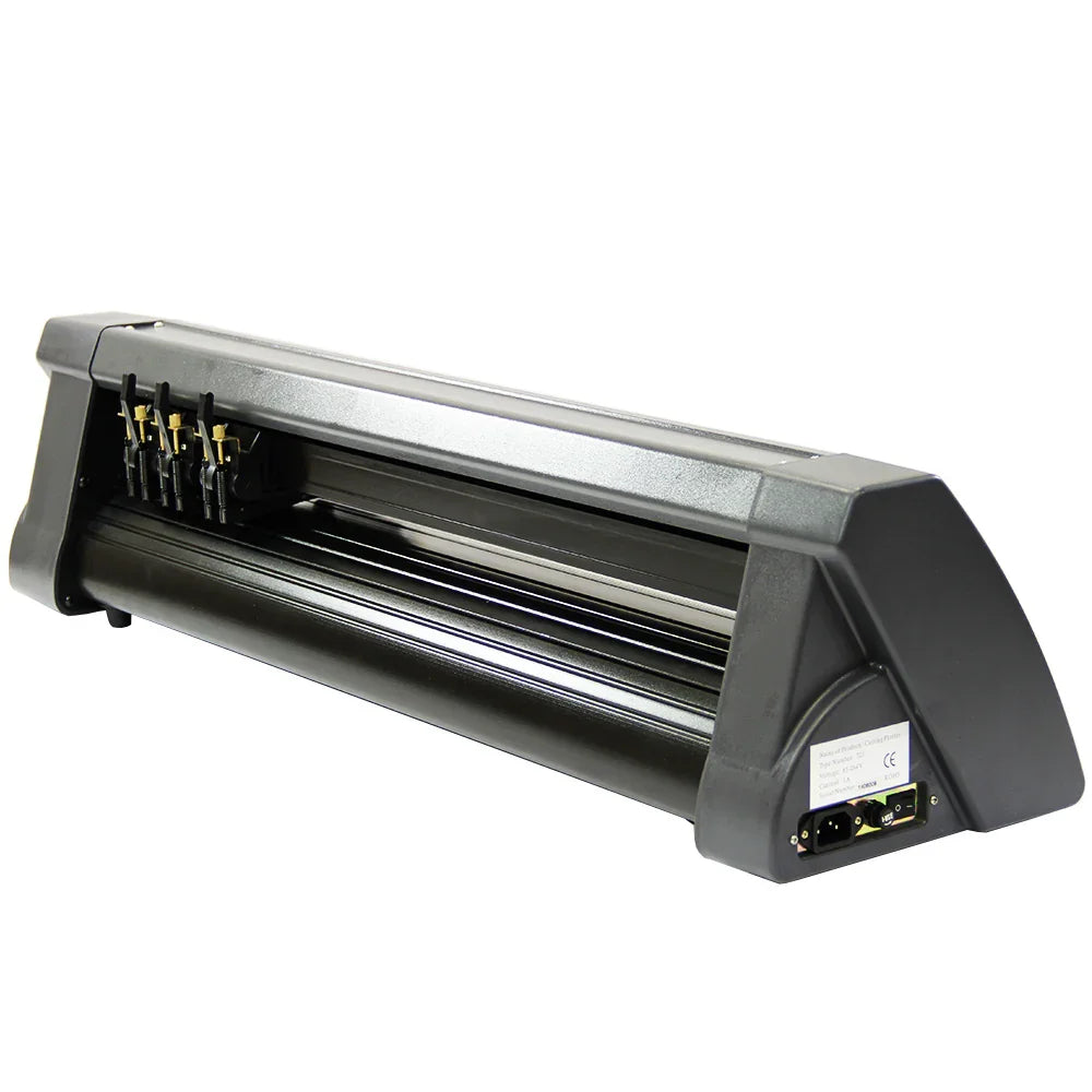 720mm vinyl cutter with a sleek black design, featuring a sturdy stand, precision cutting blades, and a user-friendly interface