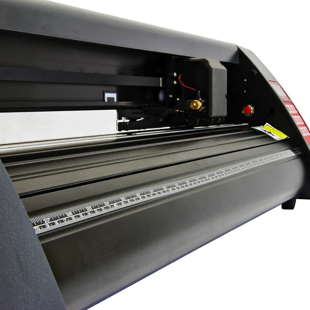720mm vinyl cutter with stand, featuring a sleek black design, precision cutting blade, and clear measurement markings on the base