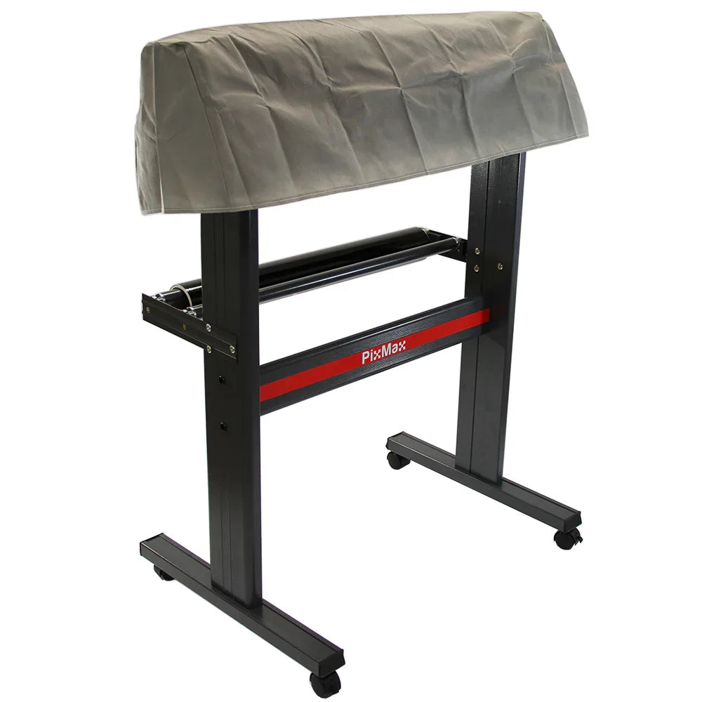 720mm Vinyl Cutter with Stand features a sturdy black metal frame, adjustable height, and a protective gray cover for storage