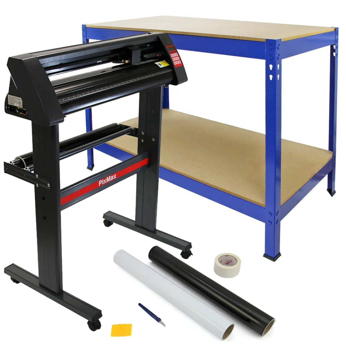 720mm vinyl cutter with a sturdy black frame, blue Q-rax workbench, and weeding kit including tools and vinyl rolls