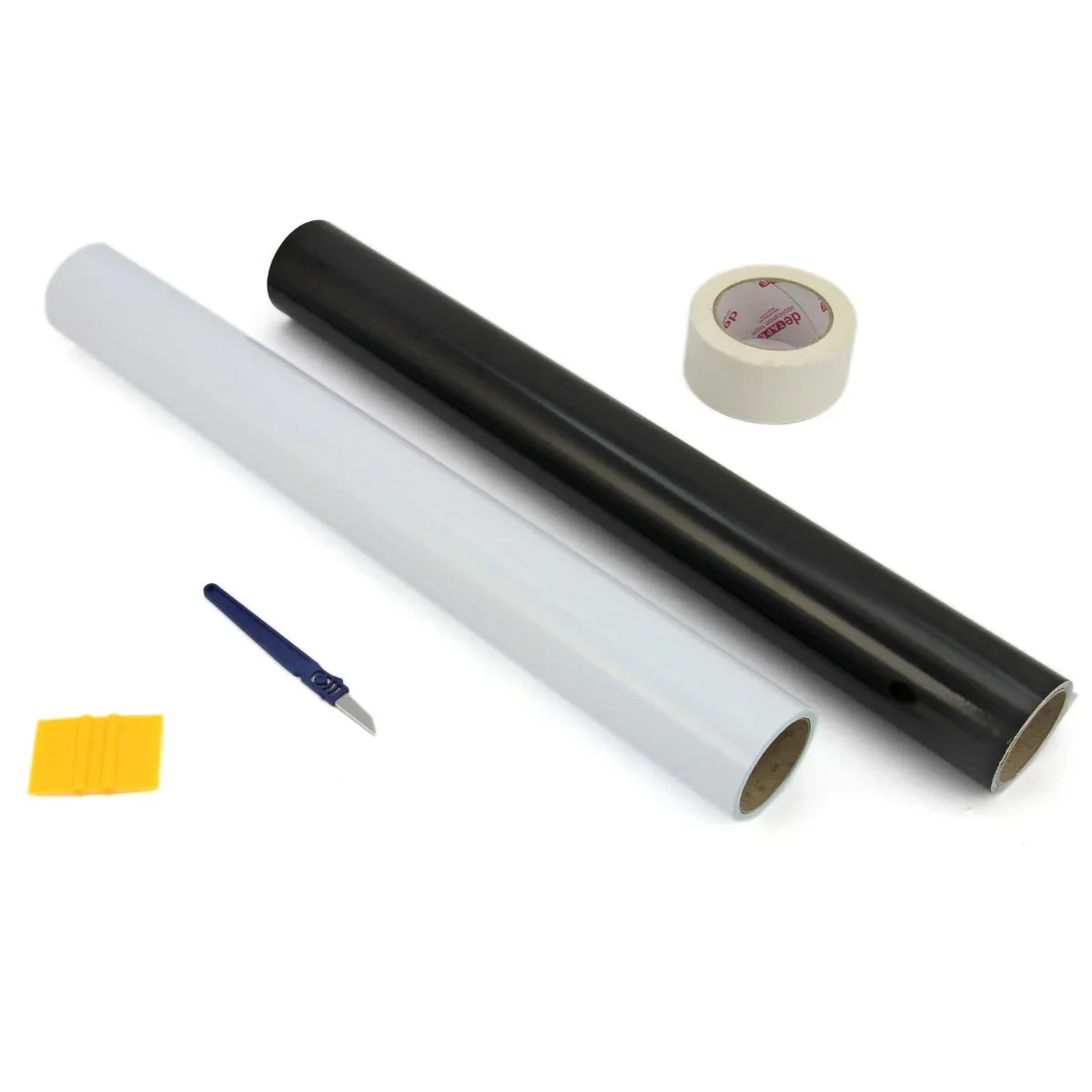 Two rolls of vinyl in black and white, a weeding tool, a squeegee, and transfer tape for the 720mm Vinyl Cutter bundle