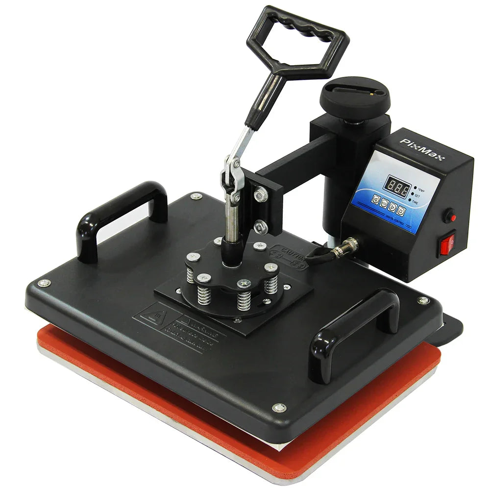 PixMax Da Vinci 5 in 1 heat press with a sturdy black base, adjustable handle, and digital display for precise temperature control