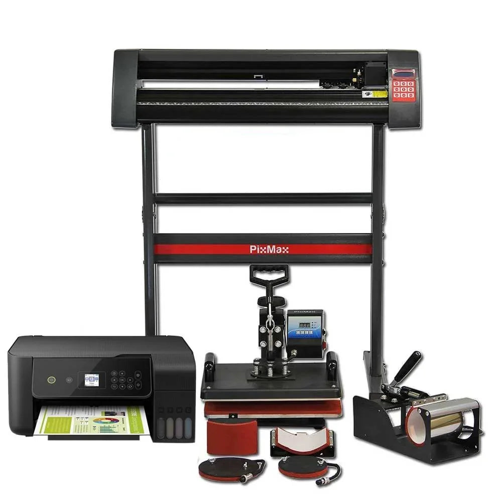 PixMax Da Vinci Bundle includes a heat press, vinyl cutter, and CIS printer, showcasing sleek black and red designs with various attachments