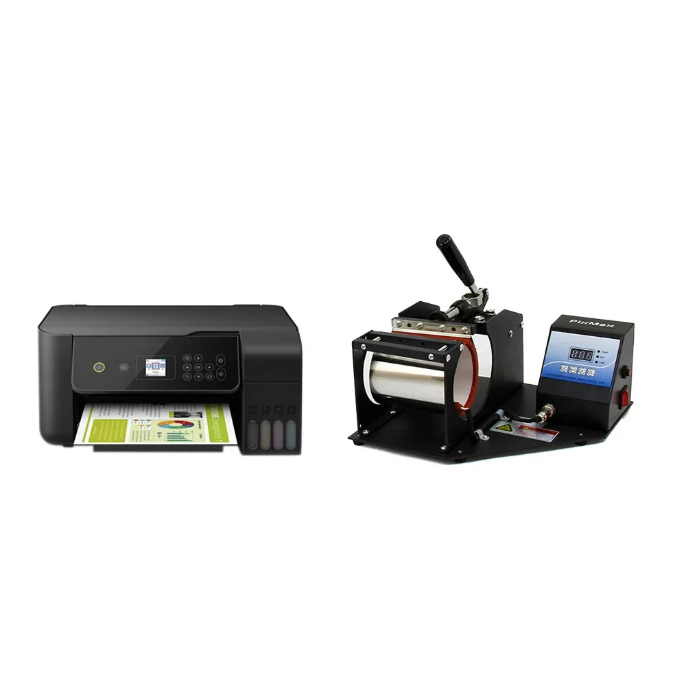 PixMax Mug Heat Press alongside a printer, showcasing sleek black design, control panel, and heat press for custom mug printing