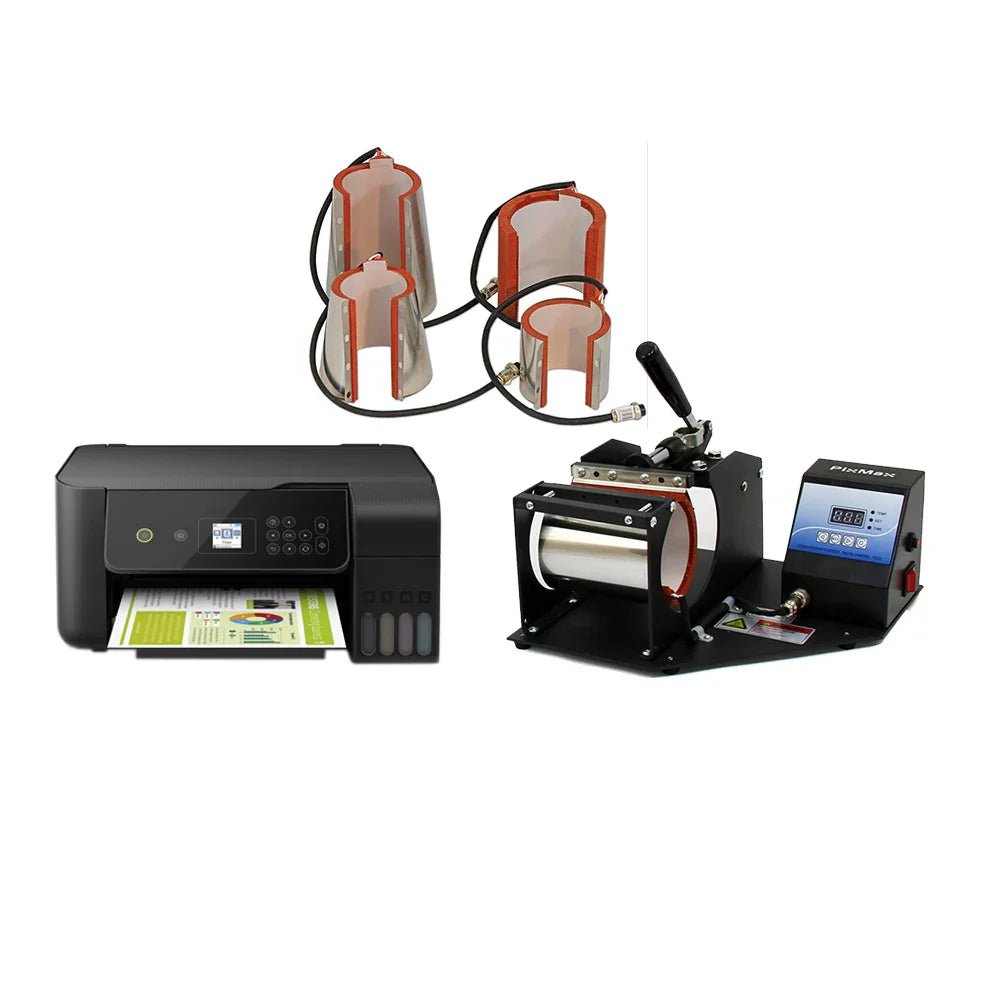 PixMax Mug Heat Press set featuring a heat press machine, printer, and two mug attachments, designed for custom mug printing
