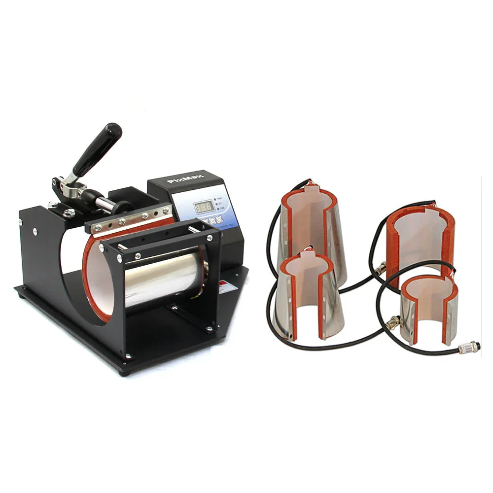 PixMax 5 in 1 Mug Heat Press with multiple heating elements, featuring a sleek black design and durable metal construction