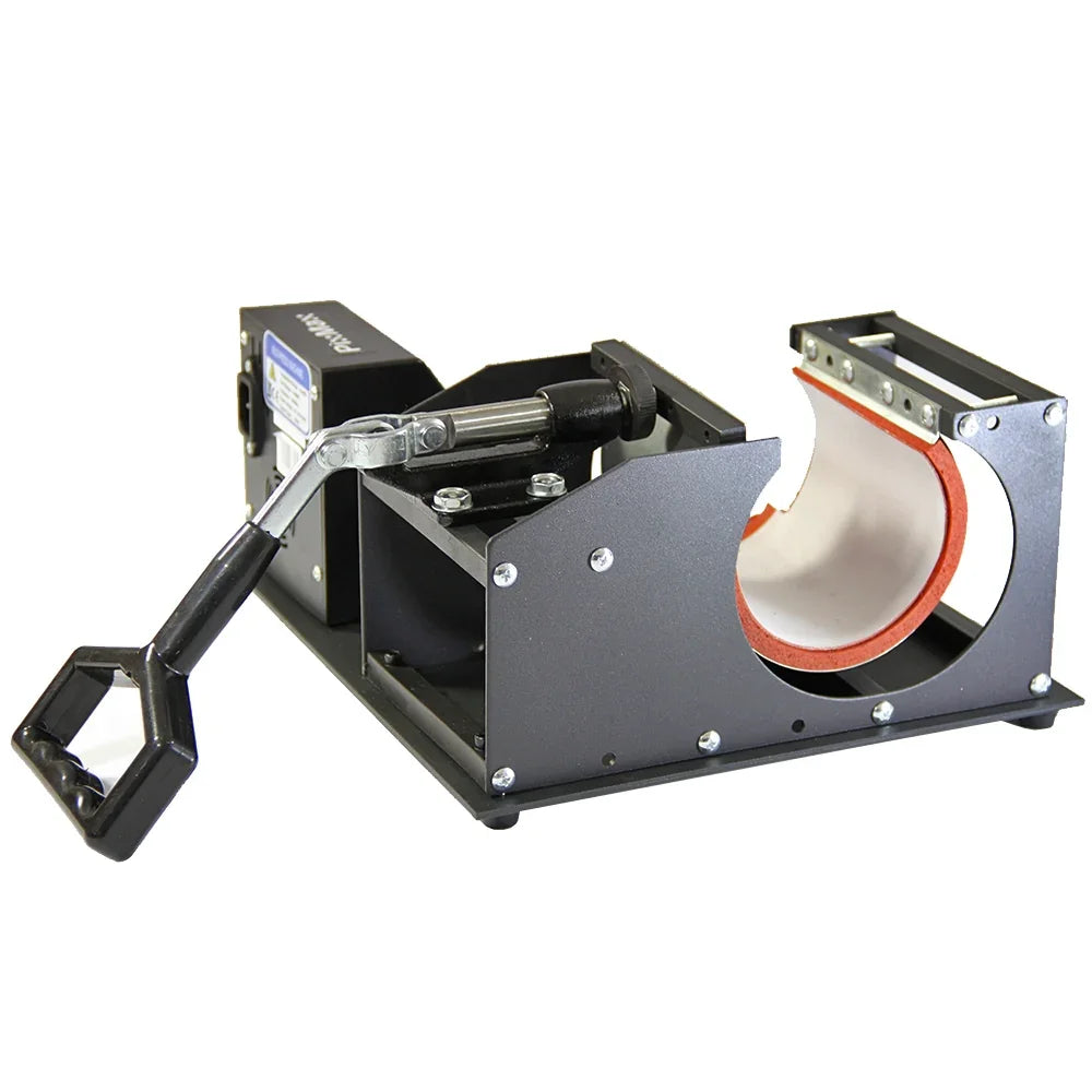 Monet Mug Making Bundle Value Printer features a sturdy black metal frame, a handle for easy operation, and a cylindrical heating element for mug printing