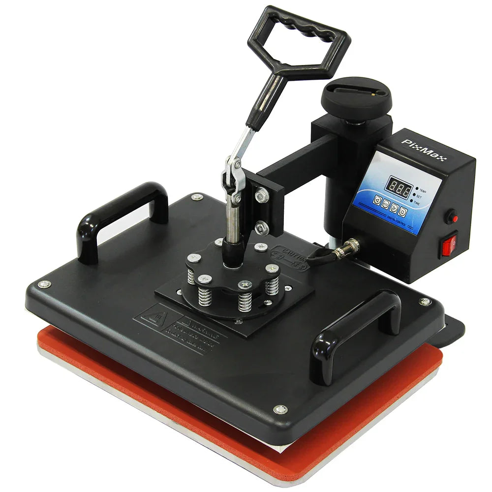 PixMax 5 in 1 Combo Swing Heat Press Machine with a sturdy black base, adjustable pressure handle, and digital temperature display