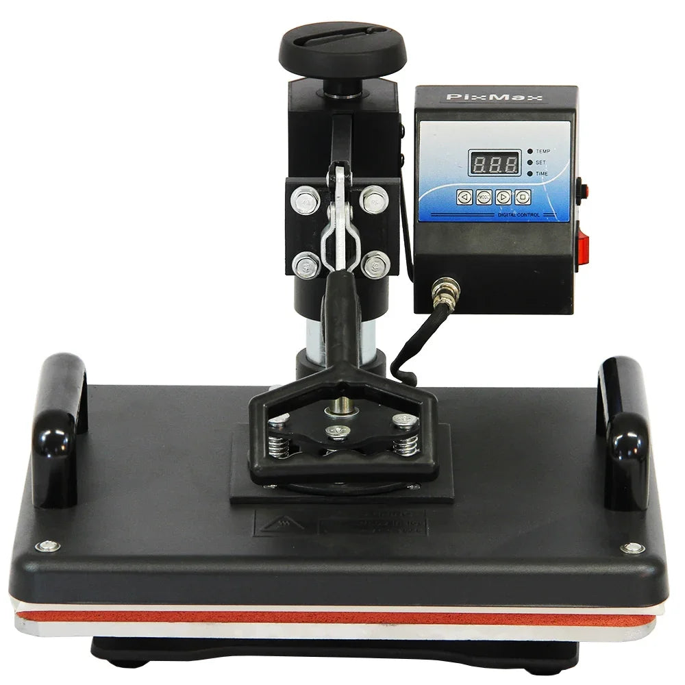 5 in 1 heat press with a digital display, sturdy black base, and adjustable pressure knob, ideal for crafting and printing projects