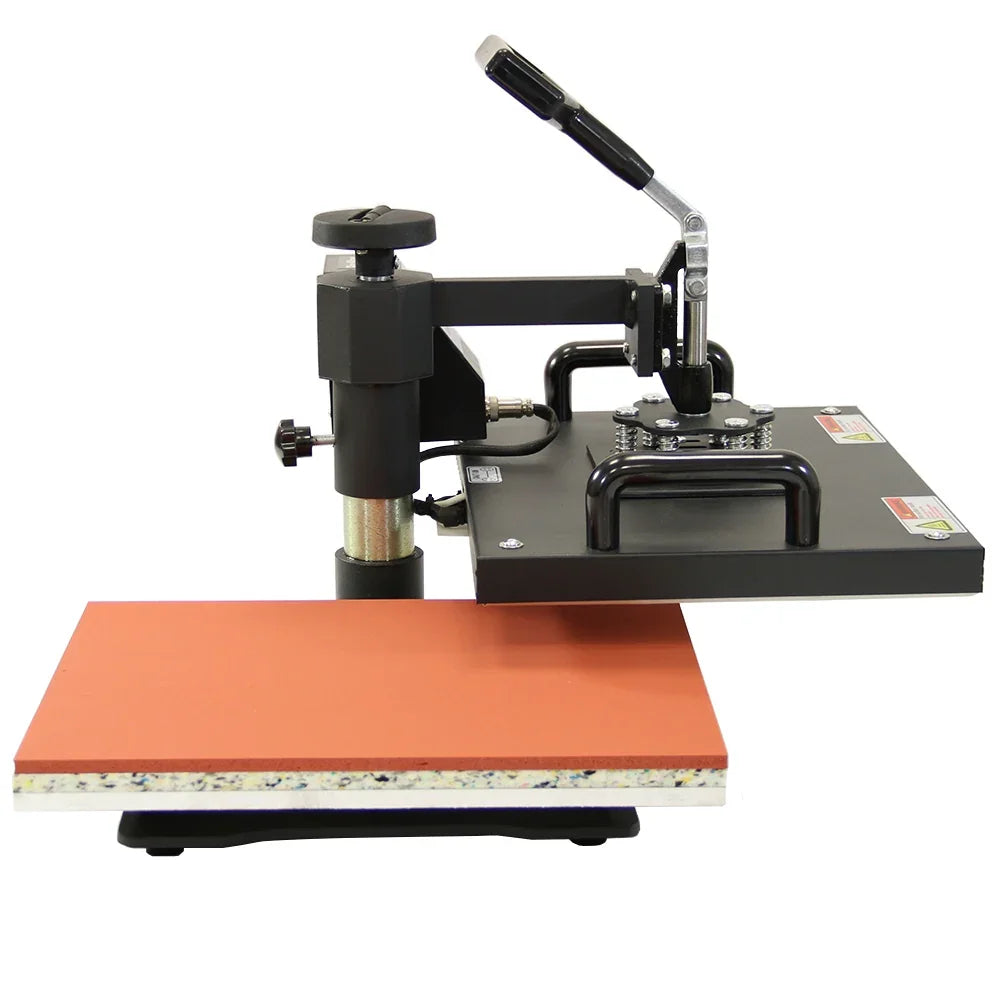 Vinyl cutter heat press with a sturdy black frame, orange heat plate, and adjustable handle for precise printing and crafting