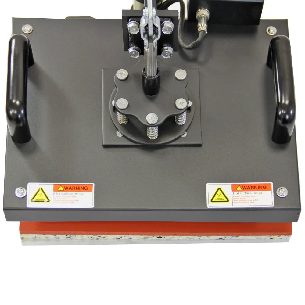 5 in 1 heat press with a sturdy black base, adjustable pressure knobs, and a red silicone pad for even heat distribution