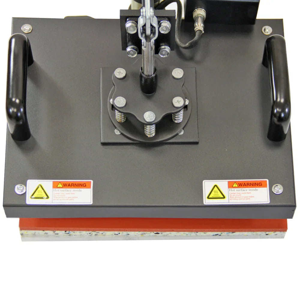 Black PixMax 5 in 1 Combo Heat Press Machine top view showing control panel, pressure knobs, and heating plate with textured surface