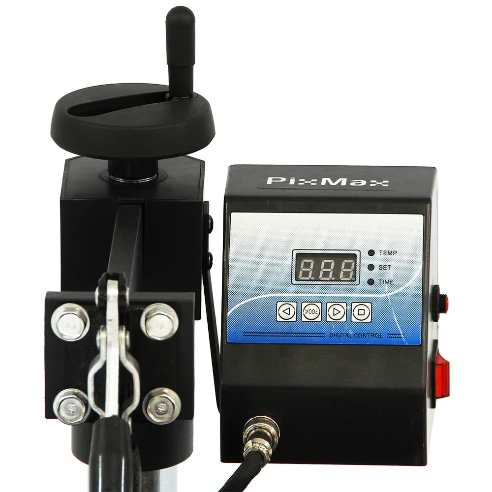 Digital control panel of a 5 in 1 vinyl cutter, featuring temperature and time settings, with a sleek black design and sturdy handle