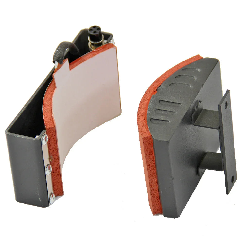 Curved heat press attachment for PixMax 5 in 1 Combo Swing Heat Press Machine, featuring a sturdy metal base and red rubber padding