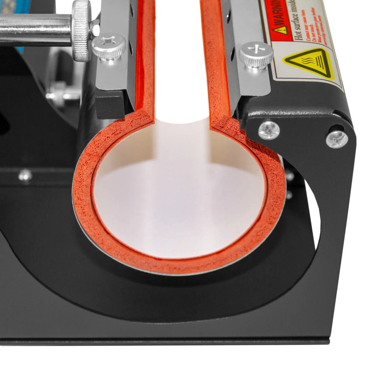 Close-up of the PixMax Sublimation Mug Press Machine's heating element, featuring a vibrant red silicone pad and sturdy metal frame