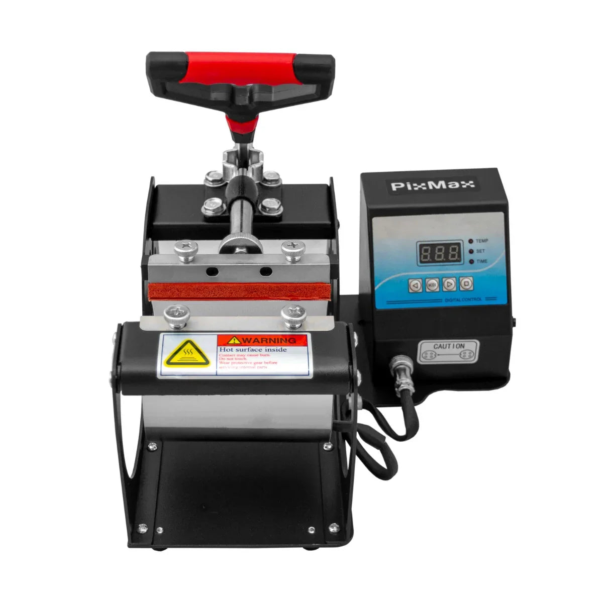 PixMax Sublimation Mug Press Machine with a red handle, digital display, and sturdy black base for custom mug printing projects