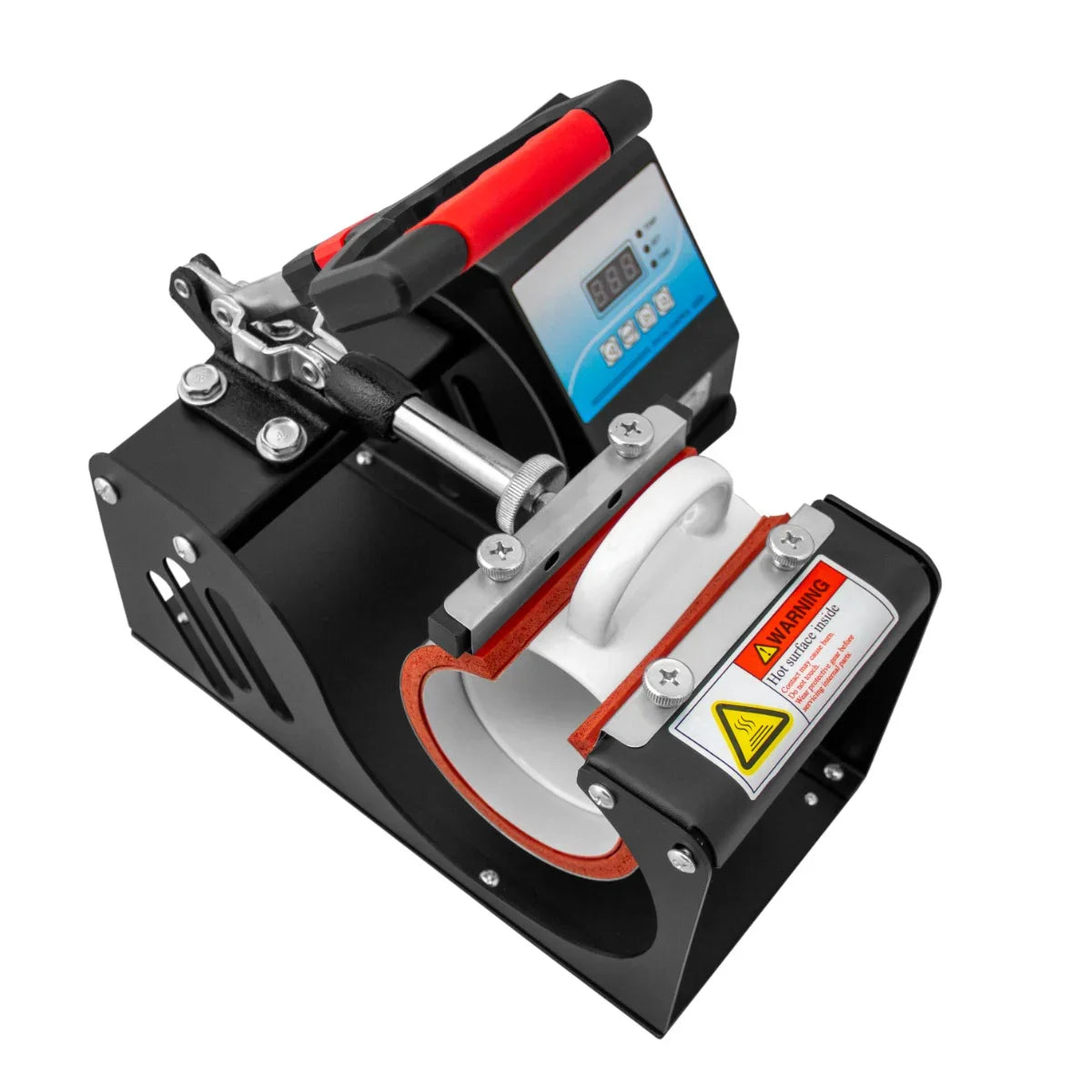 PixMax sublimation mug press machine with a sleek black design, red handle, and digital display for precise temperature control