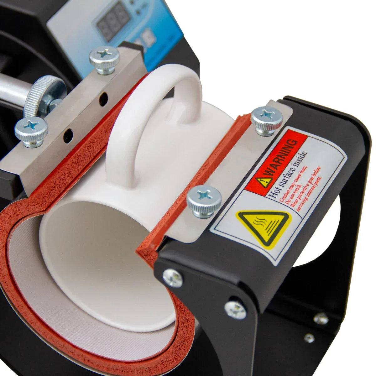Close-up of the PixMax Sublimation Mug Press showing the white ceramic mug holder, red silicone padding, and control panel details