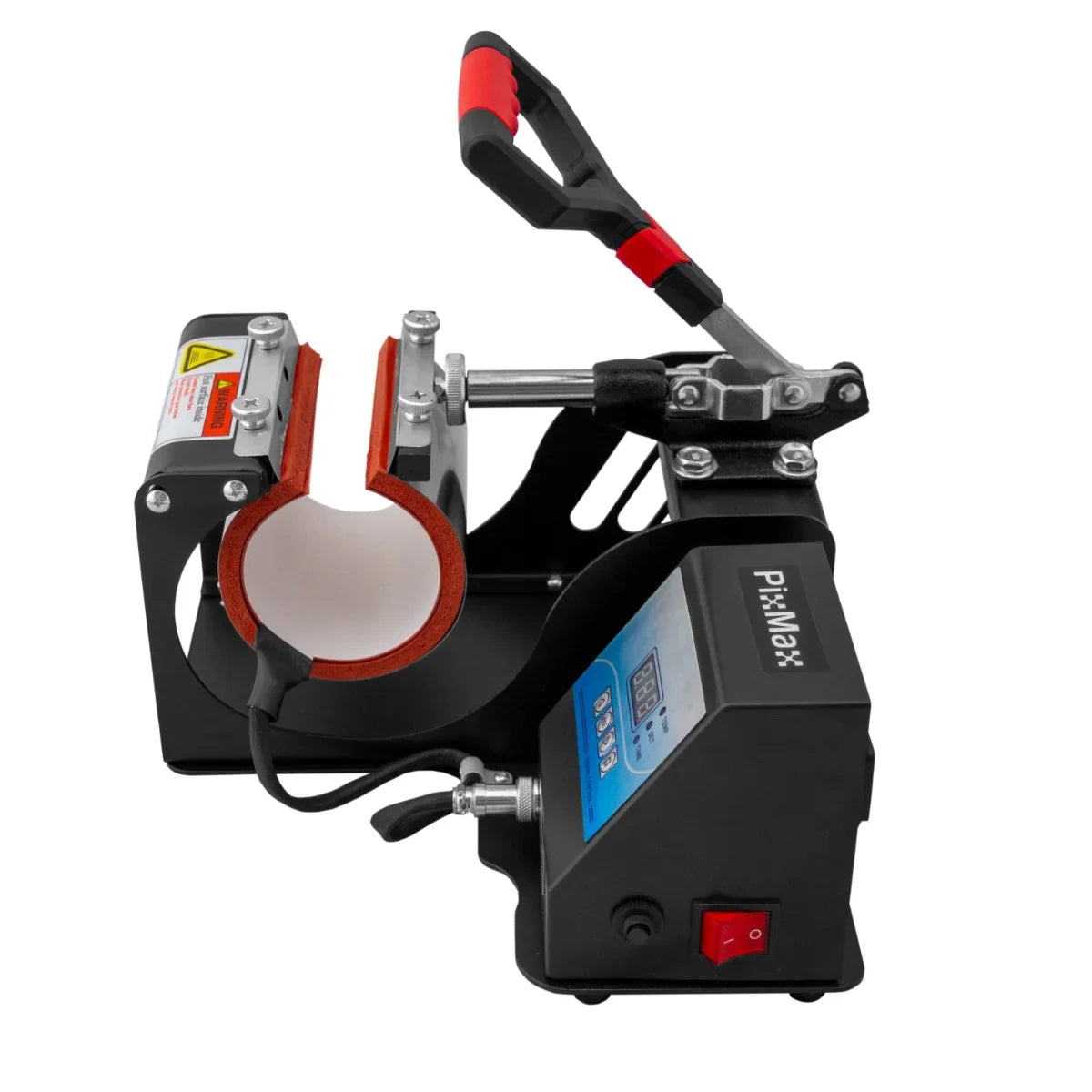 PixMax Sublimation Mug Press featuring a sleek black design, red handle, and digital control panel for precise temperature settings