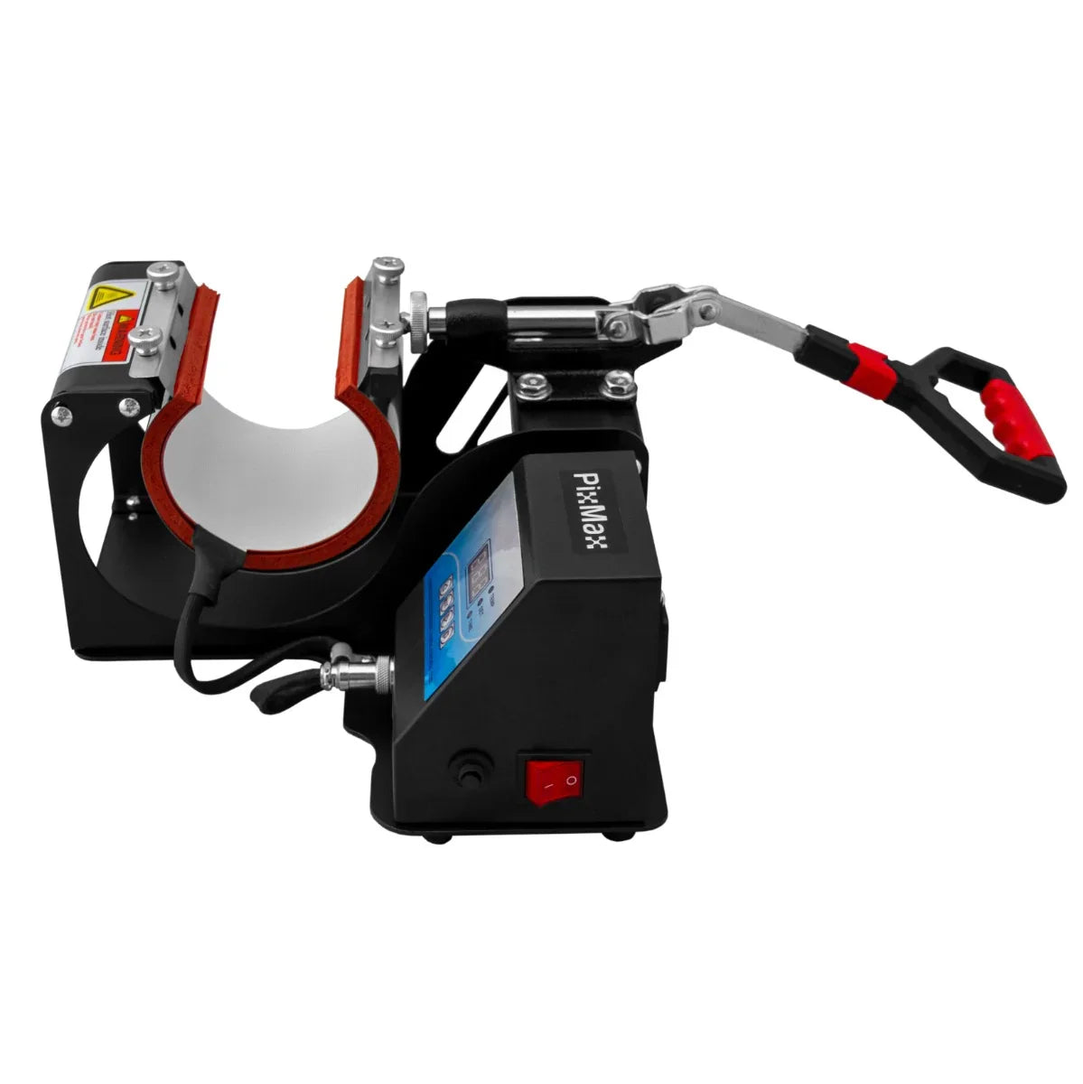 Compact PixMax sublimation mug press machine with a sturdy black body, red handle, and curved heating element for custom mug designs
