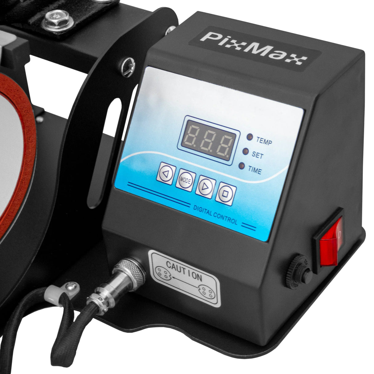 Digital control panel of a PixMax sublimation mug press machine, featuring temperature and time settings, sleek black design
