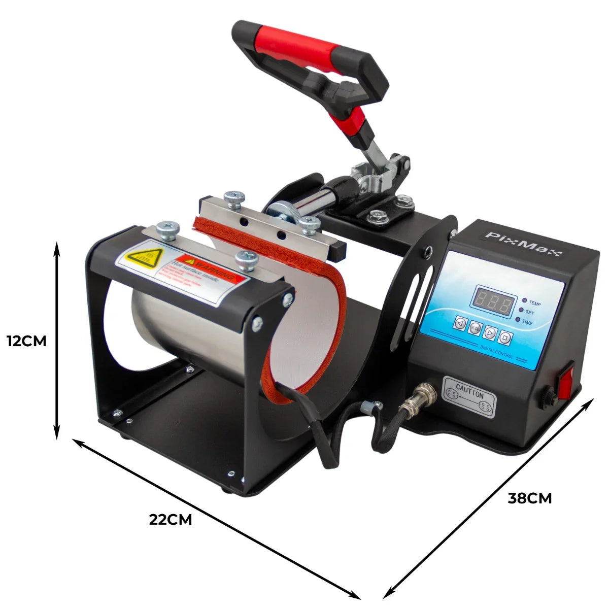 PixMax Sublimation Mug Press with a sleek black metal frame, red handle, and digital control panel for precise temperature settings