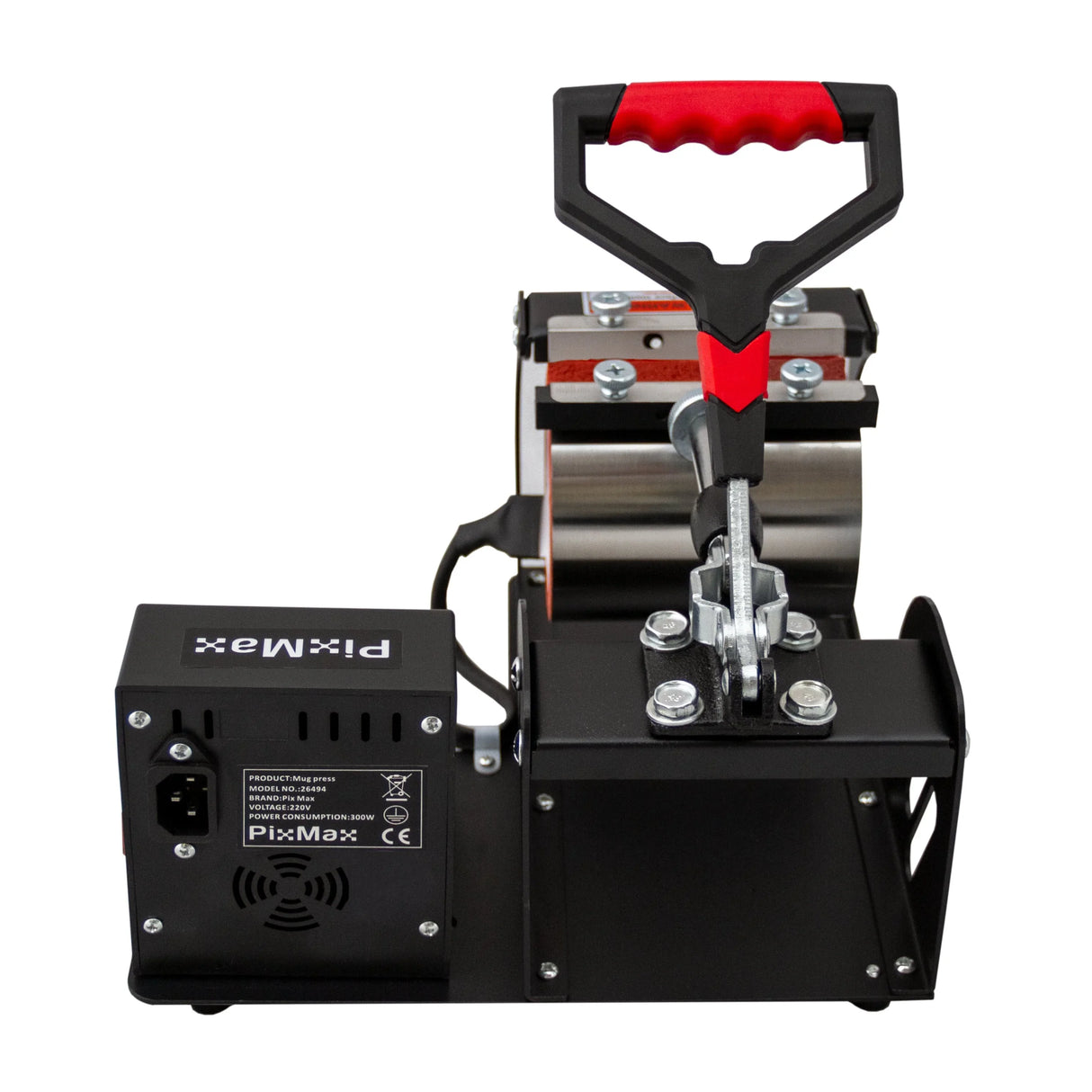 Sublimation mug press machine with a sturdy black and red handle, metal base, and heating elements for custom mug designs