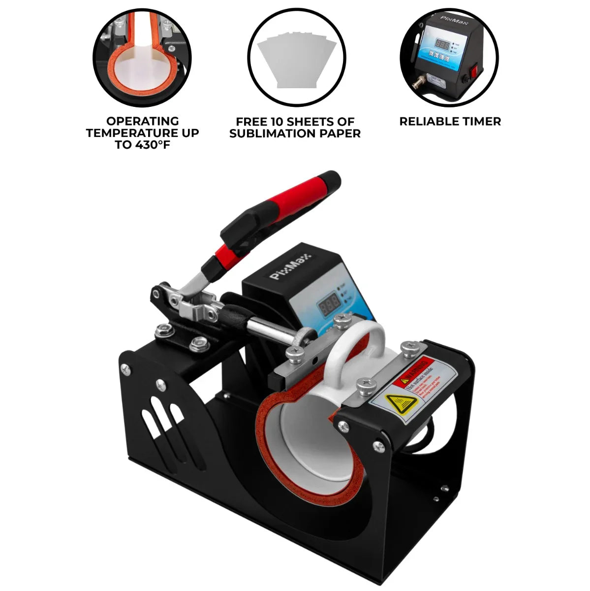PixMax Sublimation Mug Press featuring a sleek black design, adjustable temperature control, and includes 10 sheets of sublimation paper
