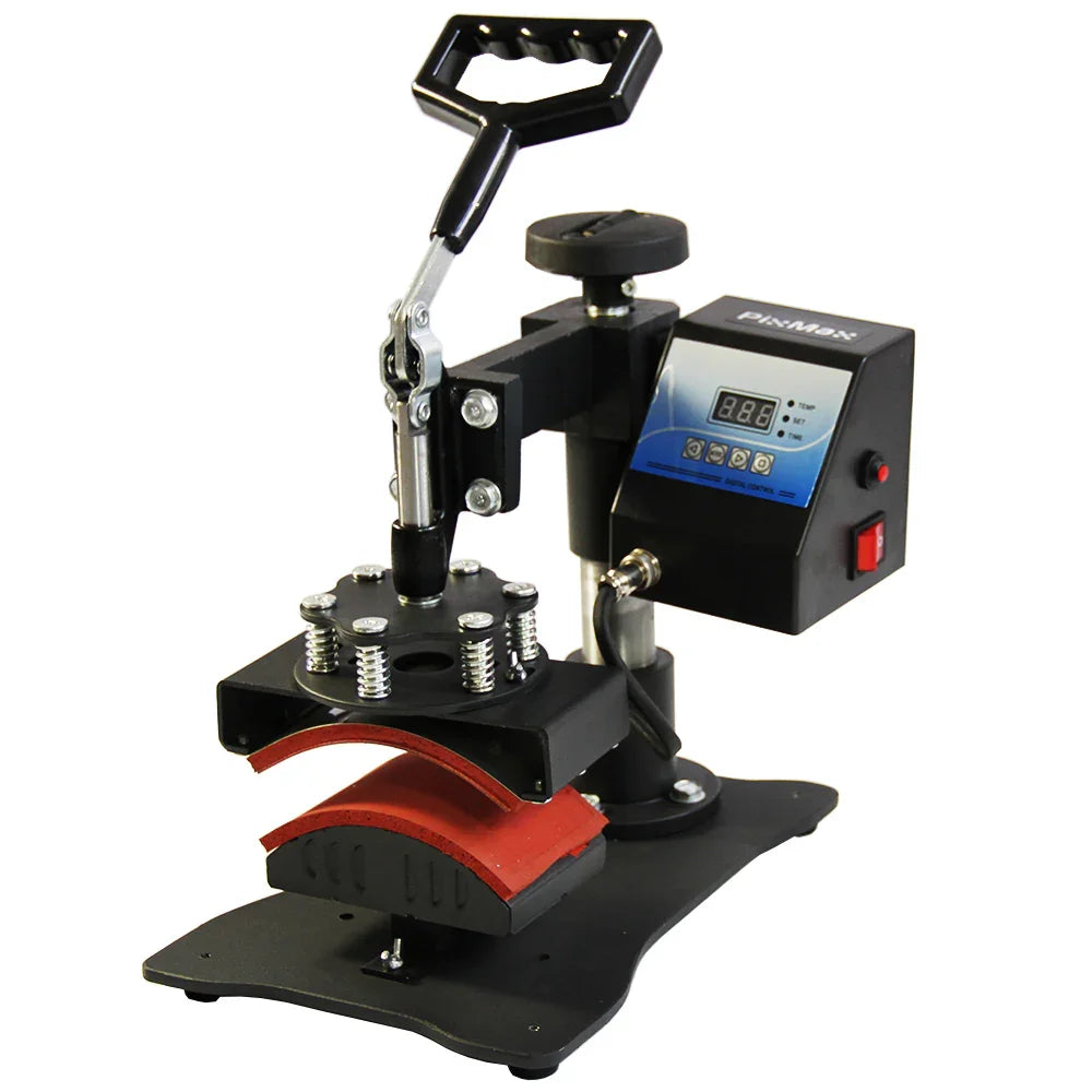PixMax Sublimation Cap Heat Press Machine with a sturdy black base, adjustable pressure handle, and digital temperature display