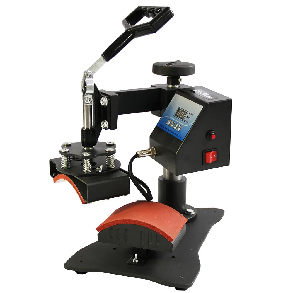 Cap press with adjustable handle, digital display, and sturdy base, designed for heat transfer printing on caps and hats
